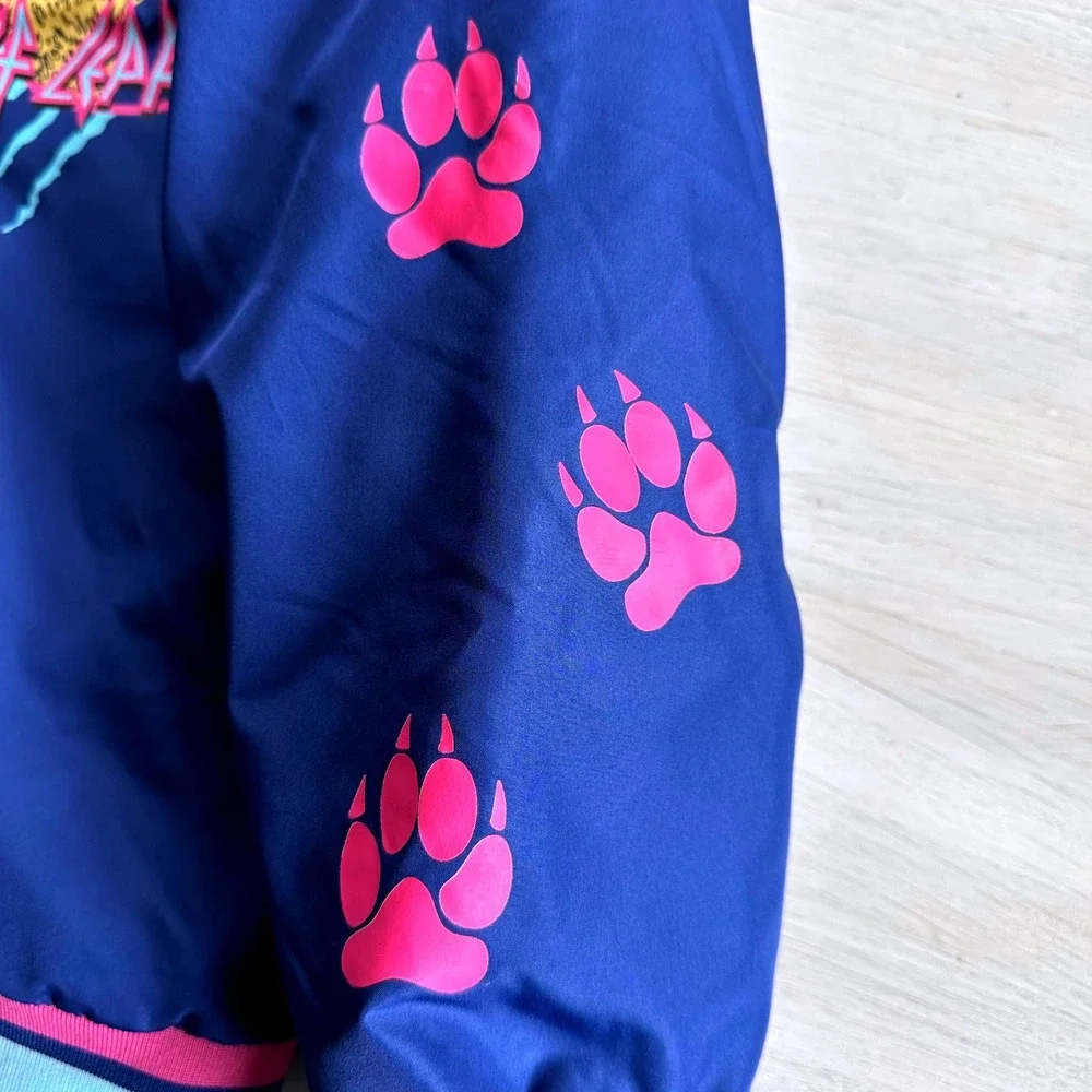 Kids Navy Blue/Purple Def Leppard 1980's Rock Paw Print Bomber Jacket Size 10 12